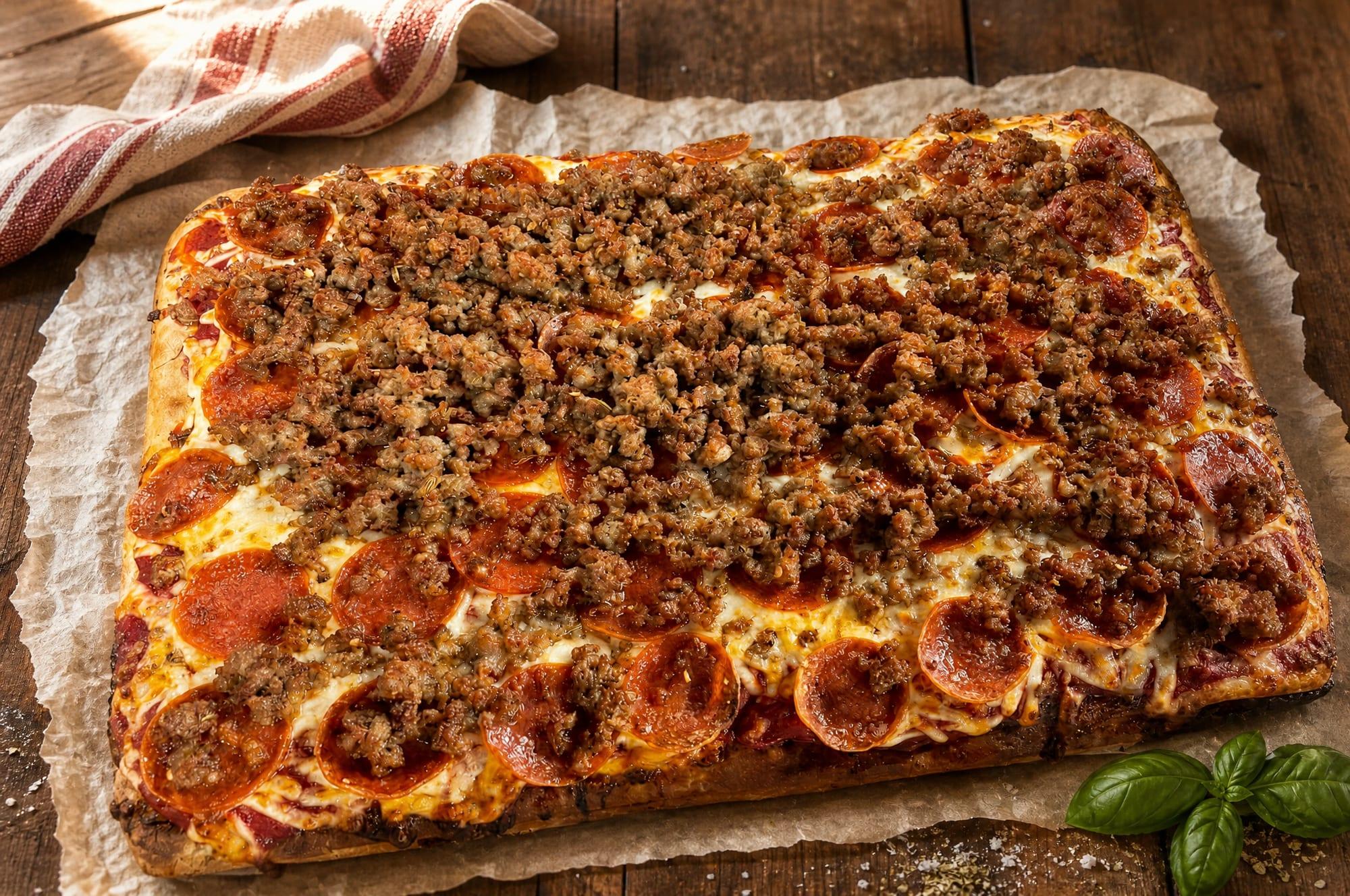 Al's Sicilian square pizza with sausage and pepperoni